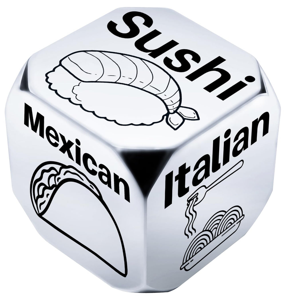 Allpeak date night dice closeup engraving showing six food options for easy dinner decisions