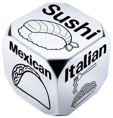 Allpeak date night dice closeup engraving showing six food options for easy dinner decisions