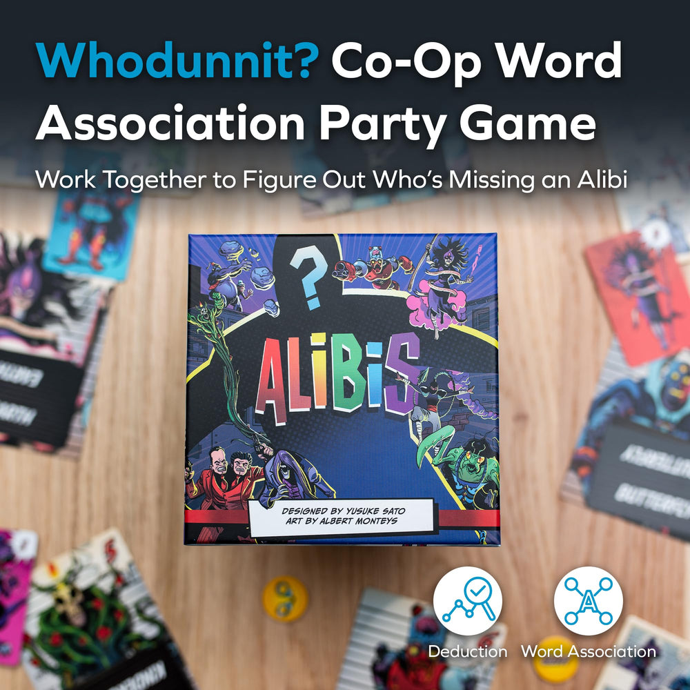 Allplay Alibis players debating at a table during a lively game night