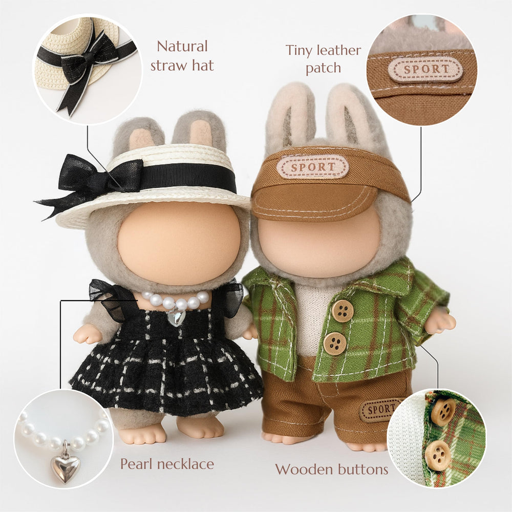 ALOVAK detachable accessories including hat, glasses, and necklace for quick swaps.