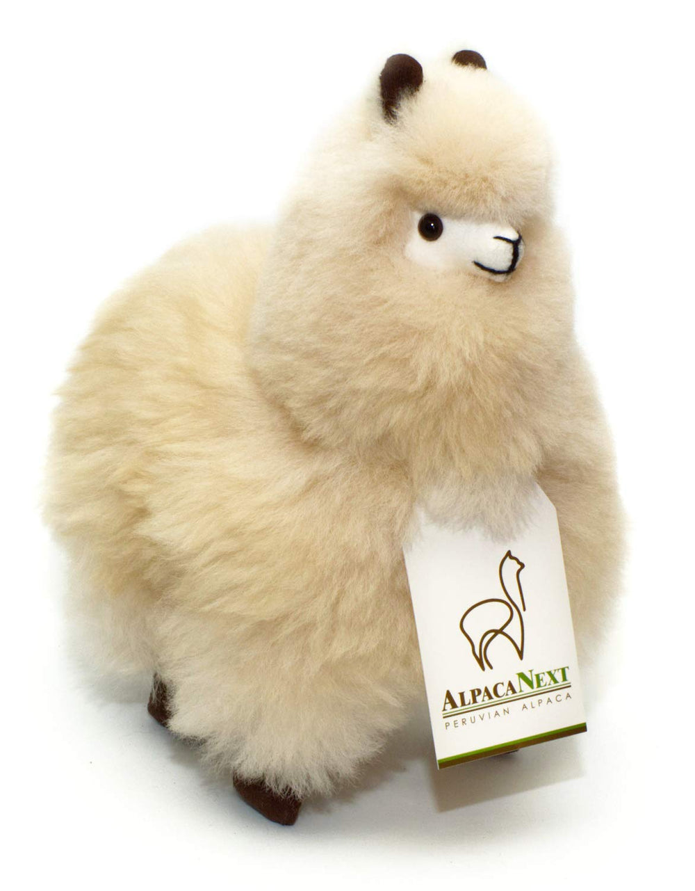 AlpacaNext beige alpaca plush side view highlighting ears and nose