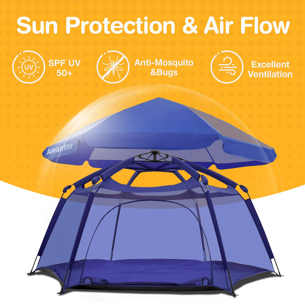 Alvantor 50+ UV sun shade provides shade and visibility for supervising caregivers.