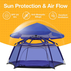 Alvantor 50+ UV sun shade provides shade and visibility for supervising caregivers.