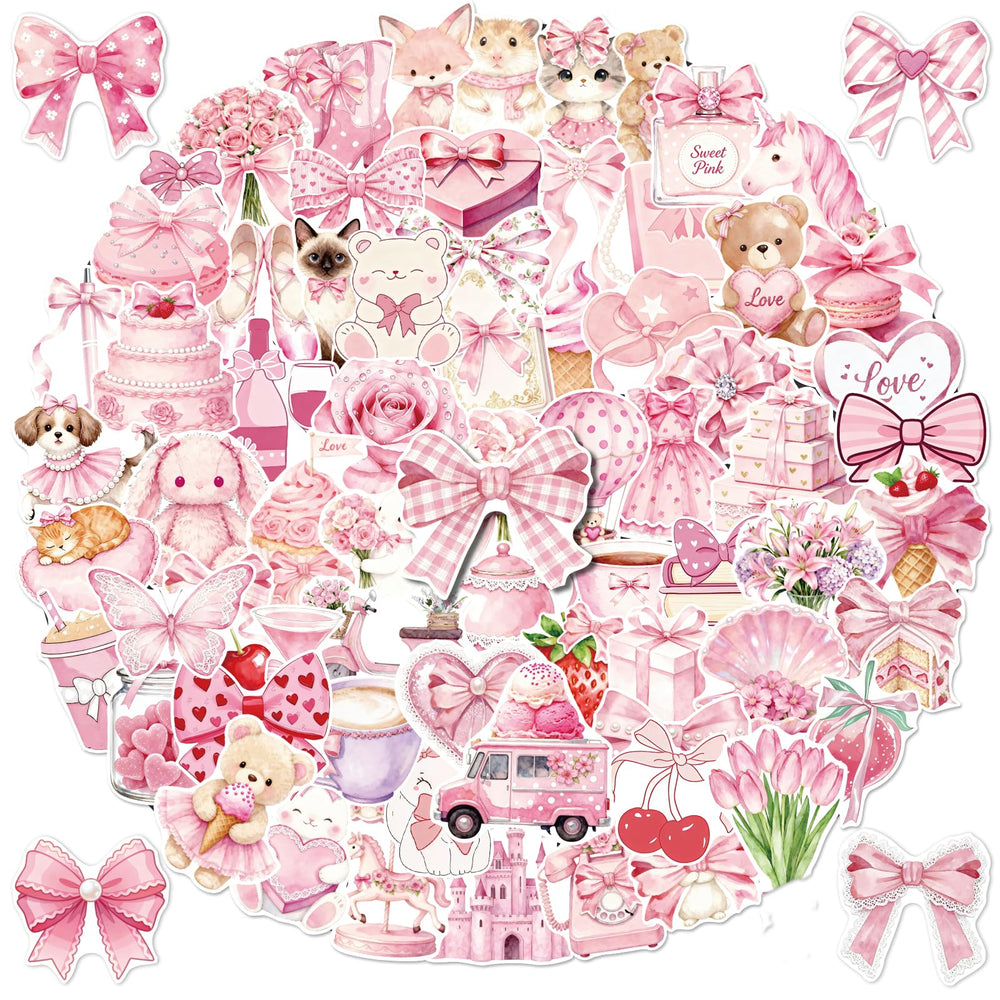 Alynta pink bows sticker set for water bottles and planners, fade-resistant and vibrant.