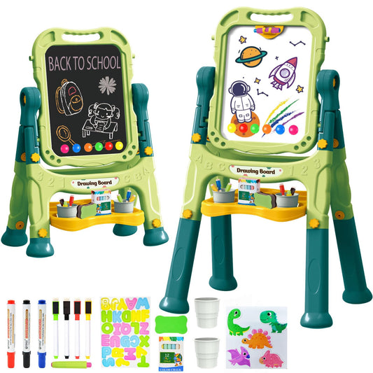 Amagoing easel with adjustable height supports growing toddlers in art activities.
