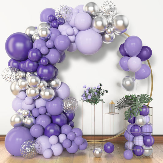 Amandir balloon arch kit setup creates a lavender backdrop for photos.