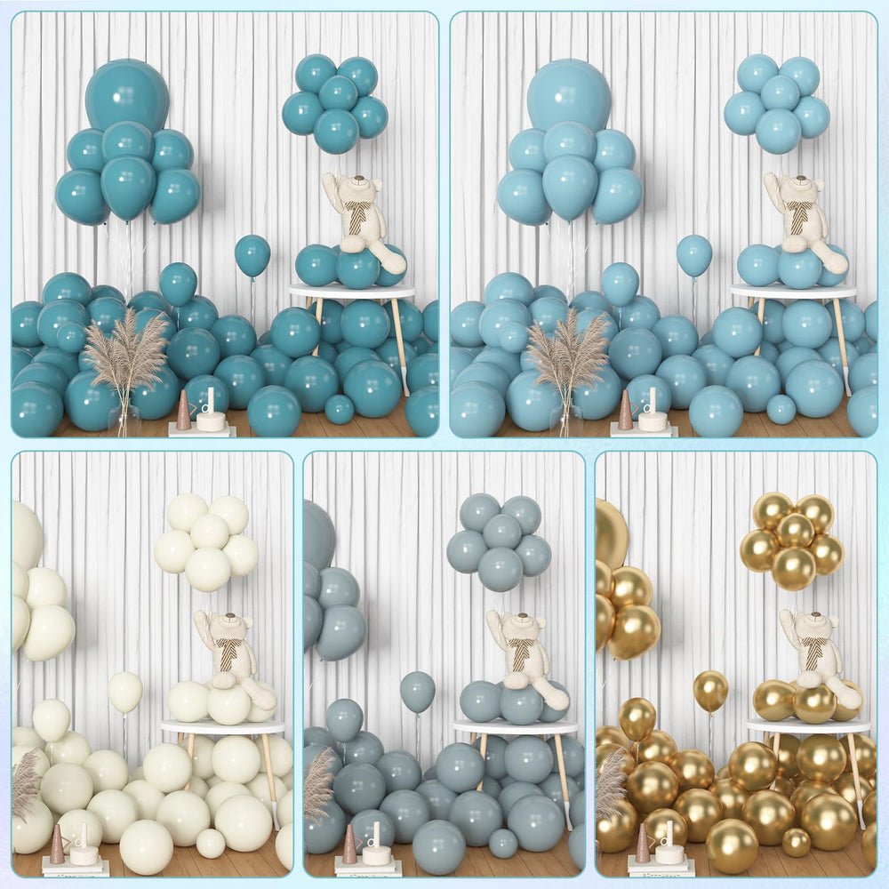 Amandir dusty blue with gold confetti balloons enhance ocean or baby shower themes.