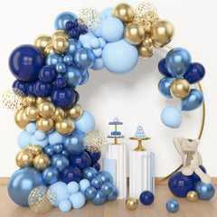 Amandir navy blue and gold 12in balloons enhance arches and table decor.