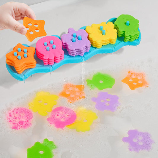 AMCHSURI bath toys with 20 floating pieces promote color recognition and stacking play.