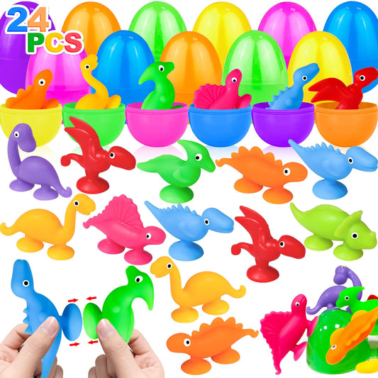 AMENON 24 pack prefilled Easter eggs with dinosaur toys for party fun