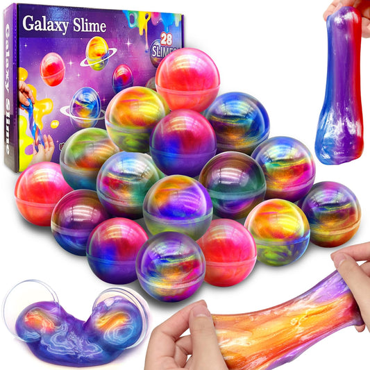 AMENON 28-pack galaxy slime balls in a colorful gift box for Valentines and classroom rewards.