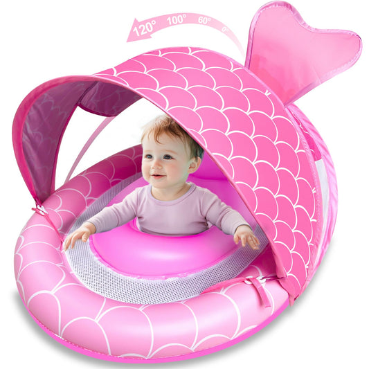 AMENON baby float with canopy provides shade and safety for pool play.