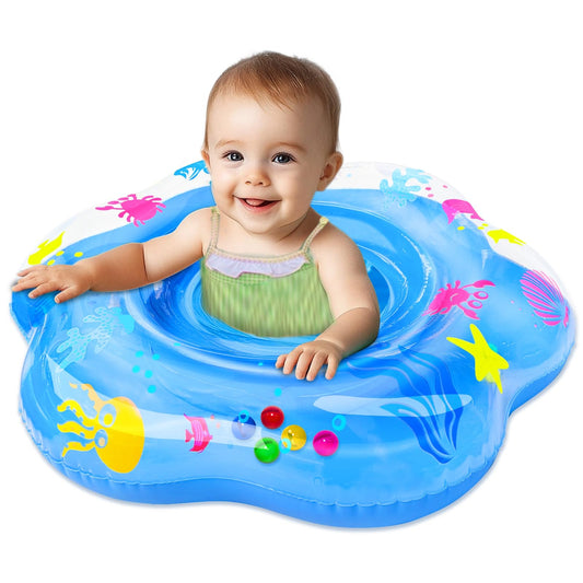 AMENON blue ocean theme baby float with friendly sea creatures for safer water play.