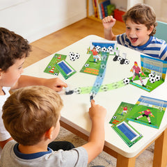 AMENON folding instructions guide card into a 3D soccer goal.