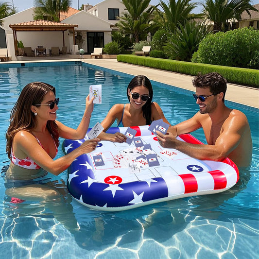 AMENON floating poker table on pool water with waterproof cards