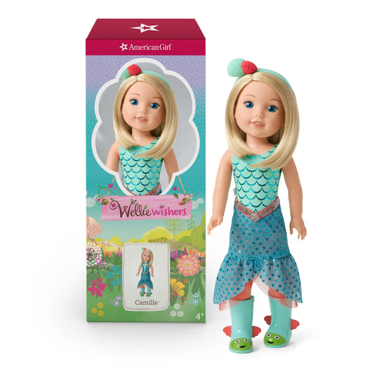American Girl Camille doll shown in blue leotard for ocean-inspired play