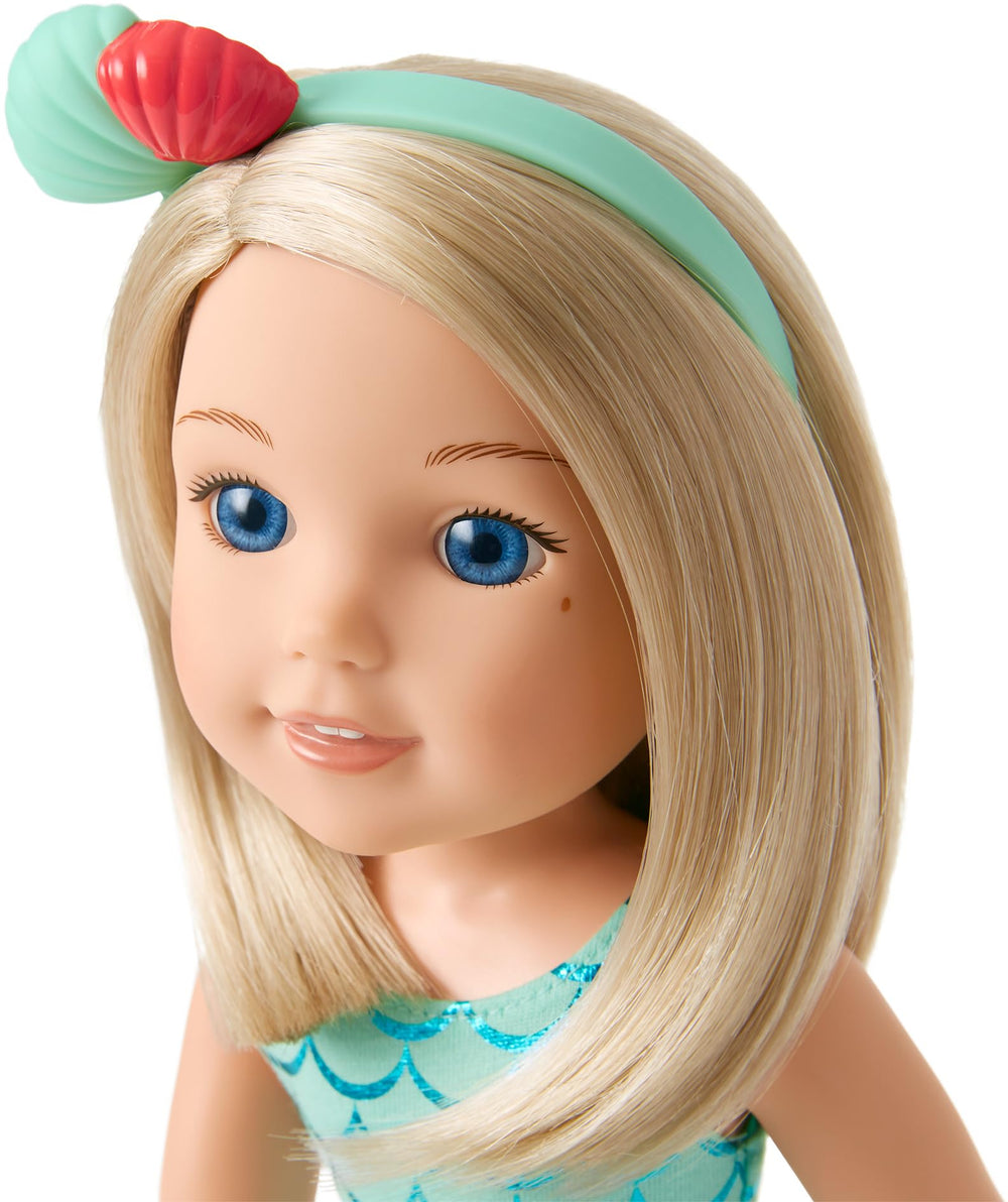 Camille doll wearing mermaid skirt for underwater storytelling