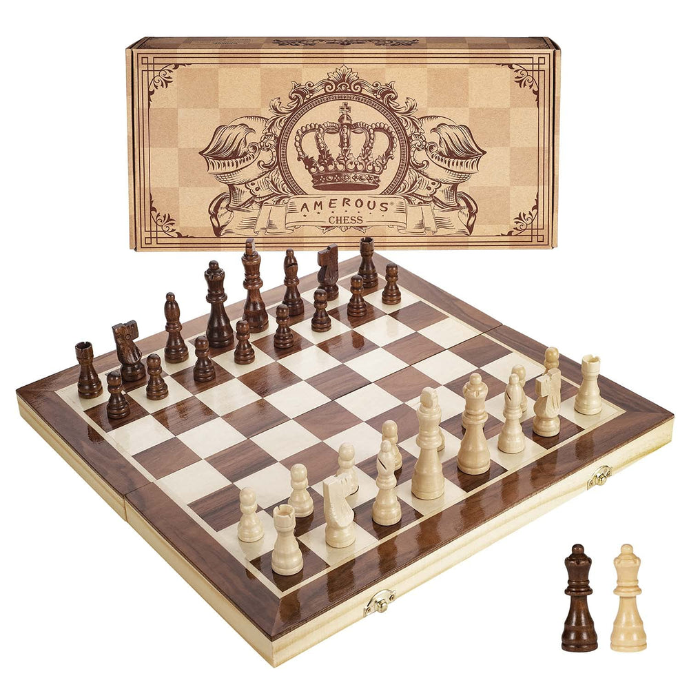AMEROUS 15-inch magnetic wooden chess set with folding board for travel and storage.