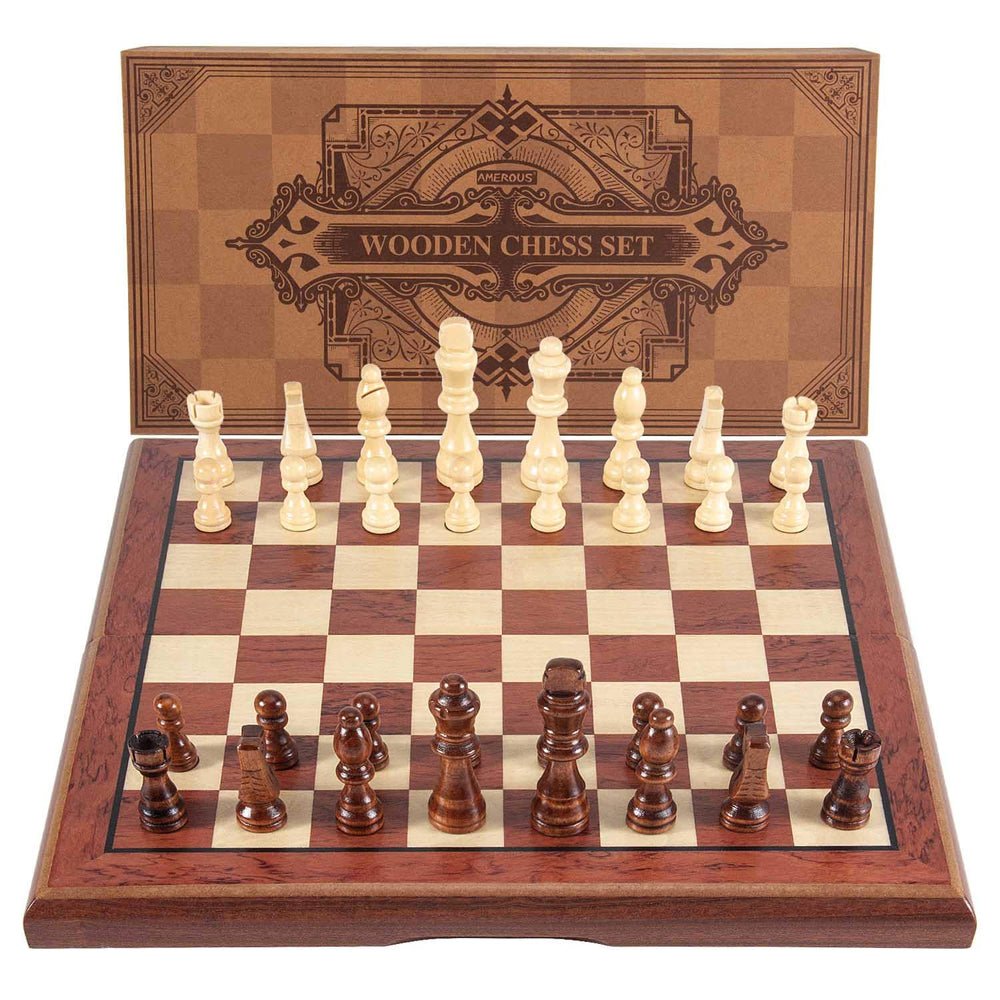 AMEROUS folding board reveals built-in storage slots for pieces.