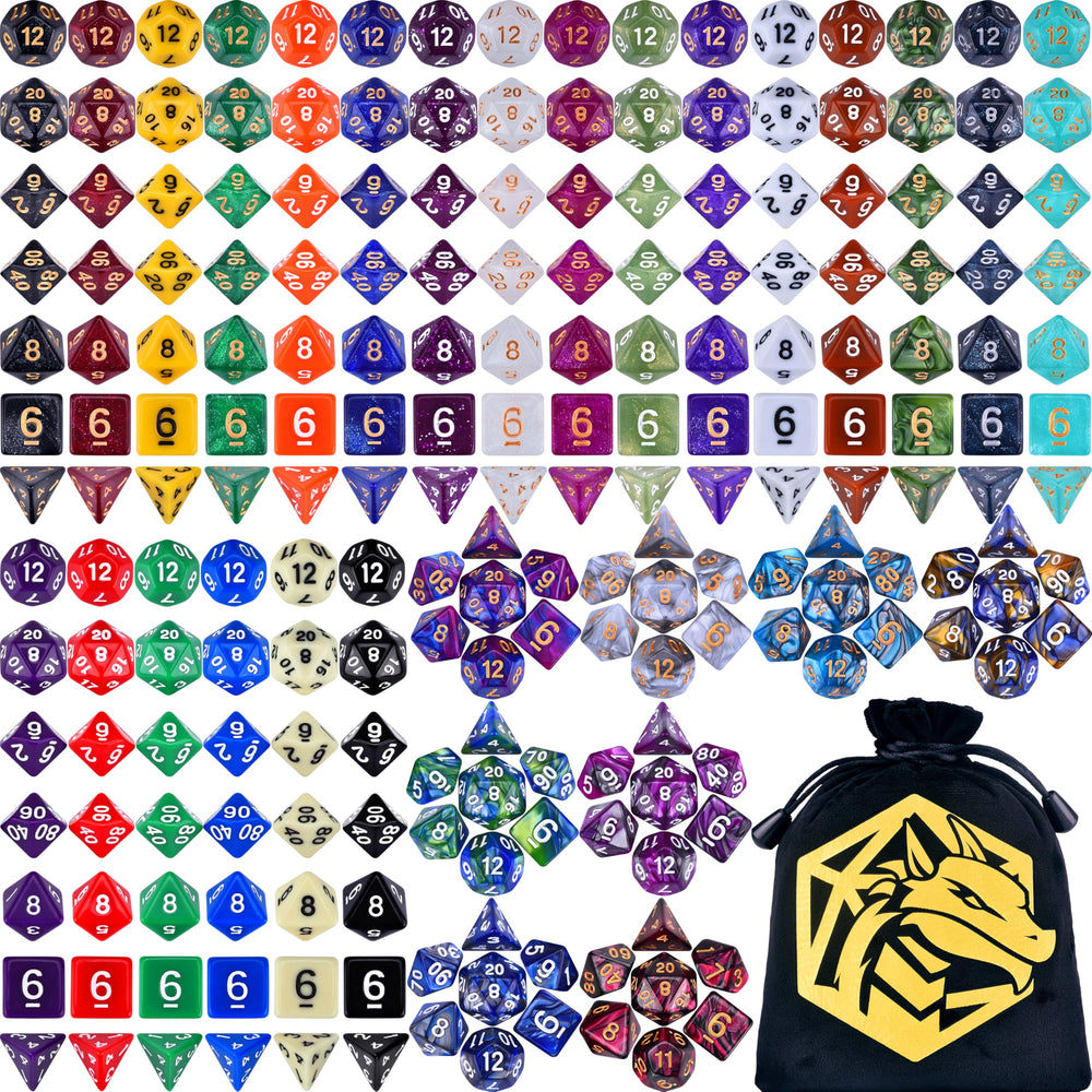 Amiven DND dice set arranged showing 30 pieces for a complete RPG collection.