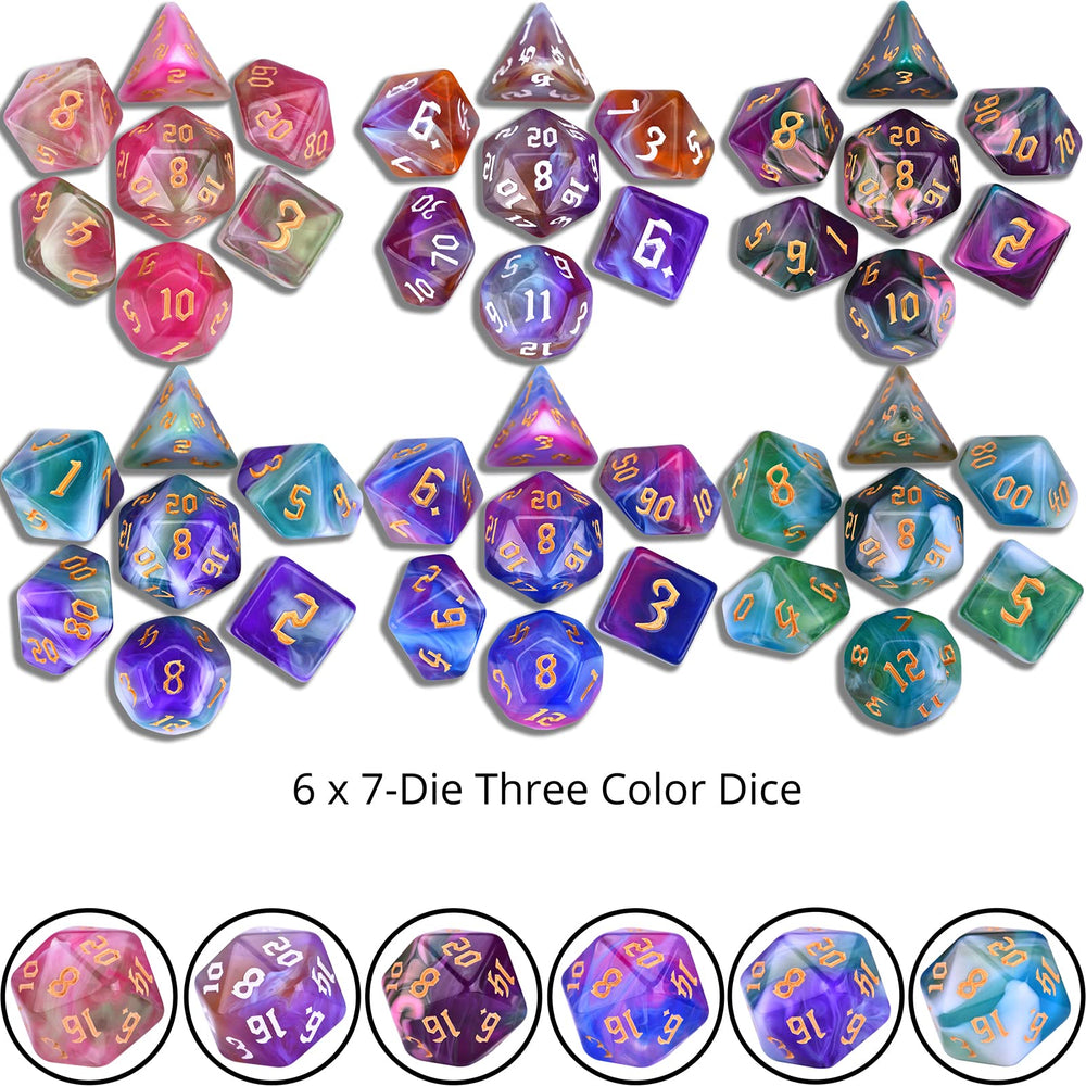 Amiven tri color dice with golden numbers and swirls for elegant game moments.