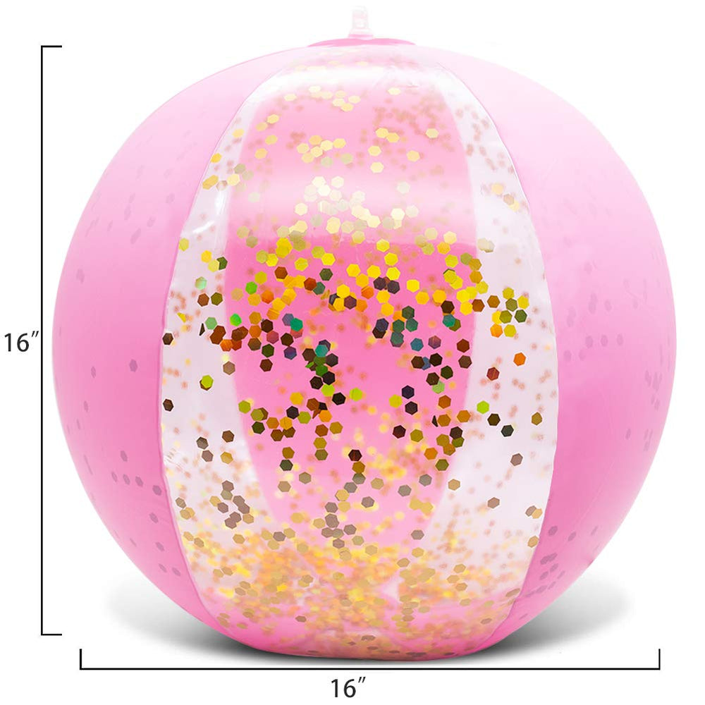 AMOR PRESENT pink beach ball with confetti interior adds festive sparkle.