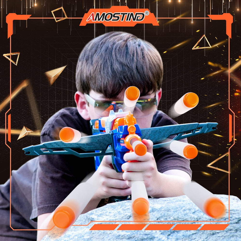 AMOSTING Nerf darts safety note for responsible play and eye safety.
