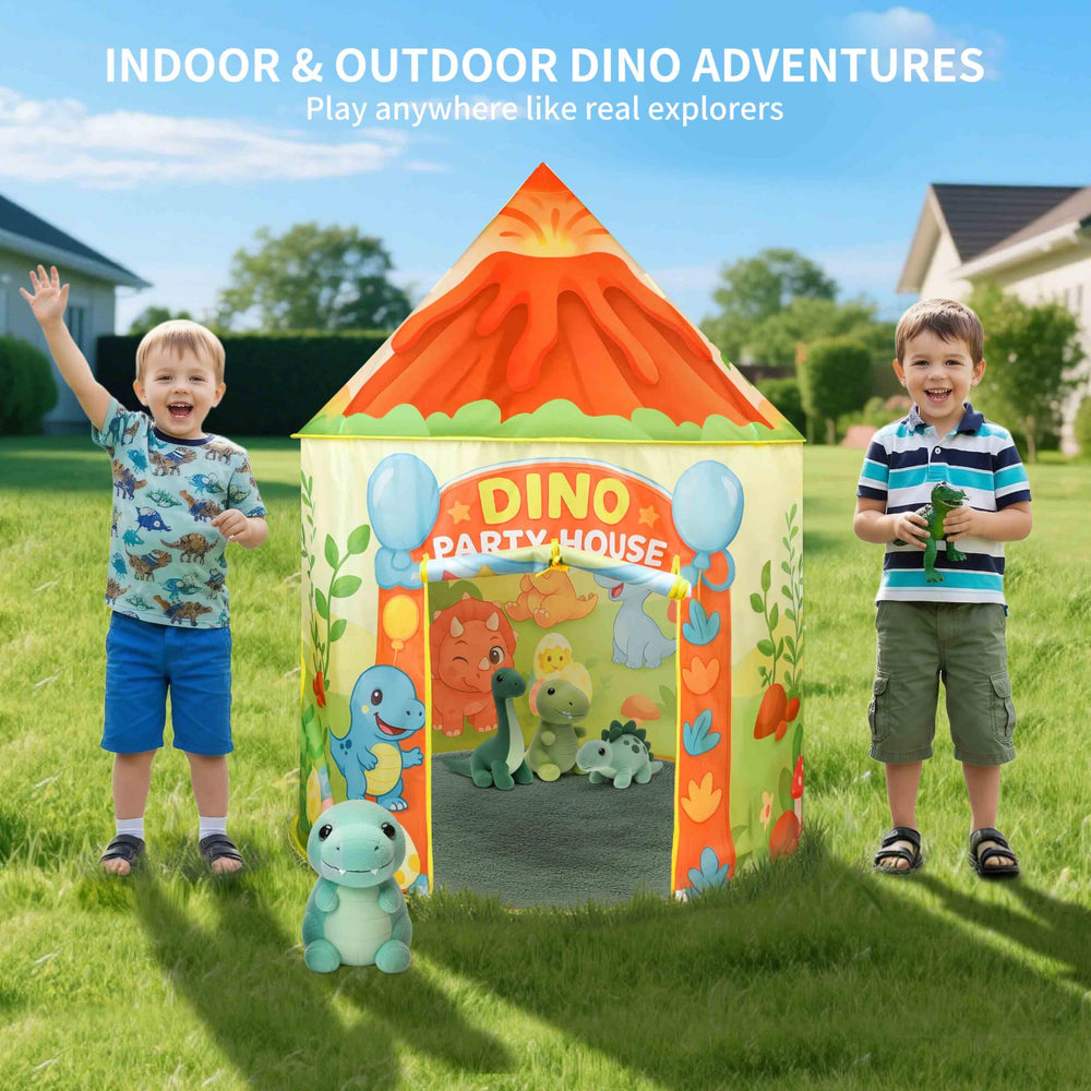 Amplov dinosaur tent in a child's bedroom for imaginative playtime.