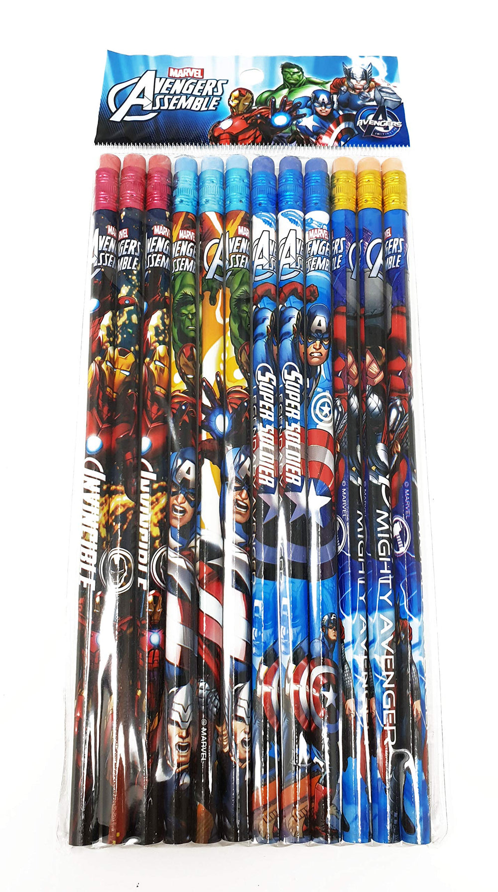 Amscan Avengers pencils closeup shows character art for creative projects.
