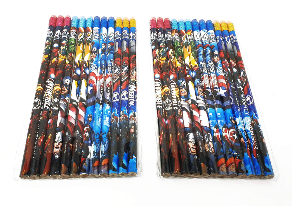 Amscan Avengers pencils multicolor pack displays bright colors for classroom crafts.