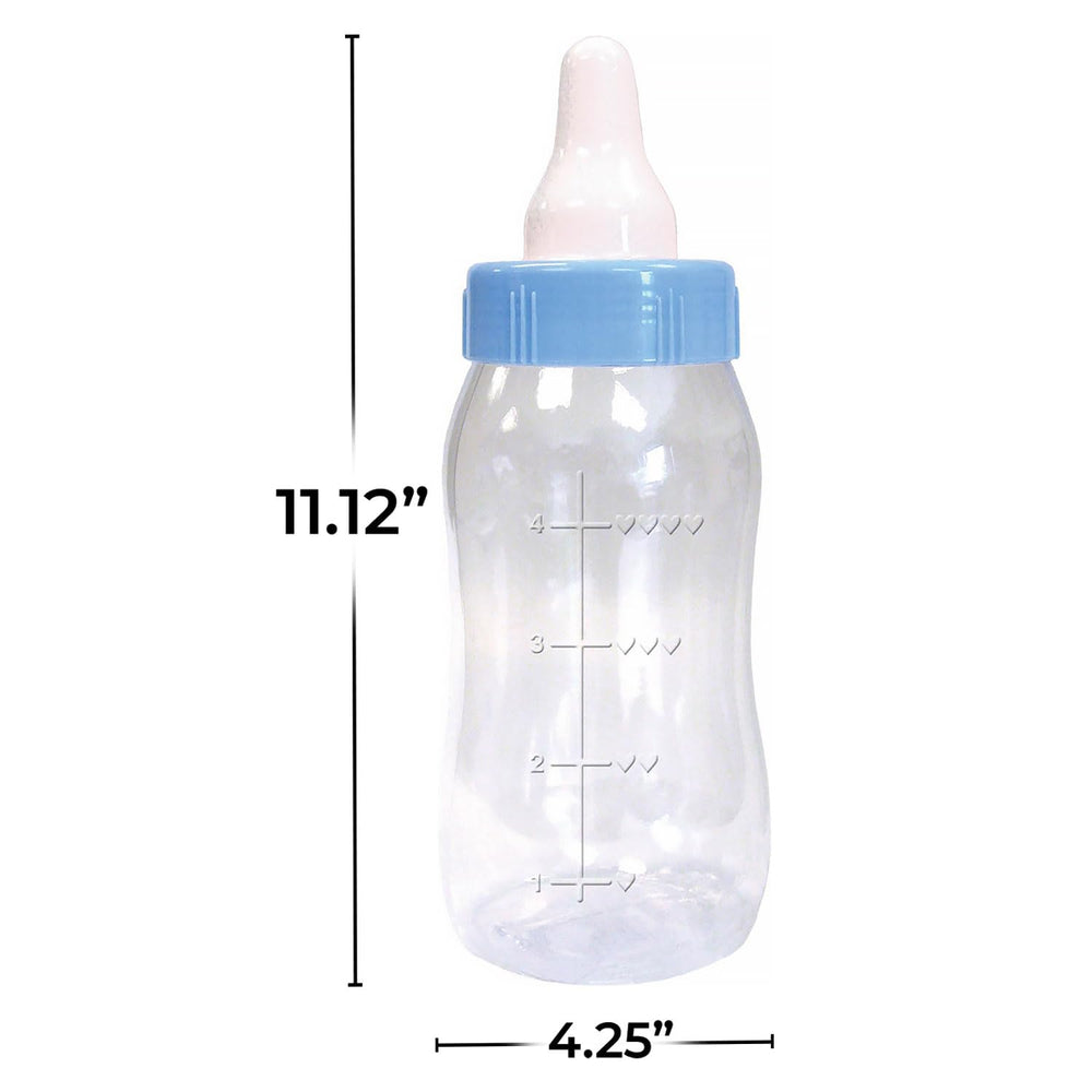 Amscan blue bottle bank shows coin slot and measurement marks for playful saving.