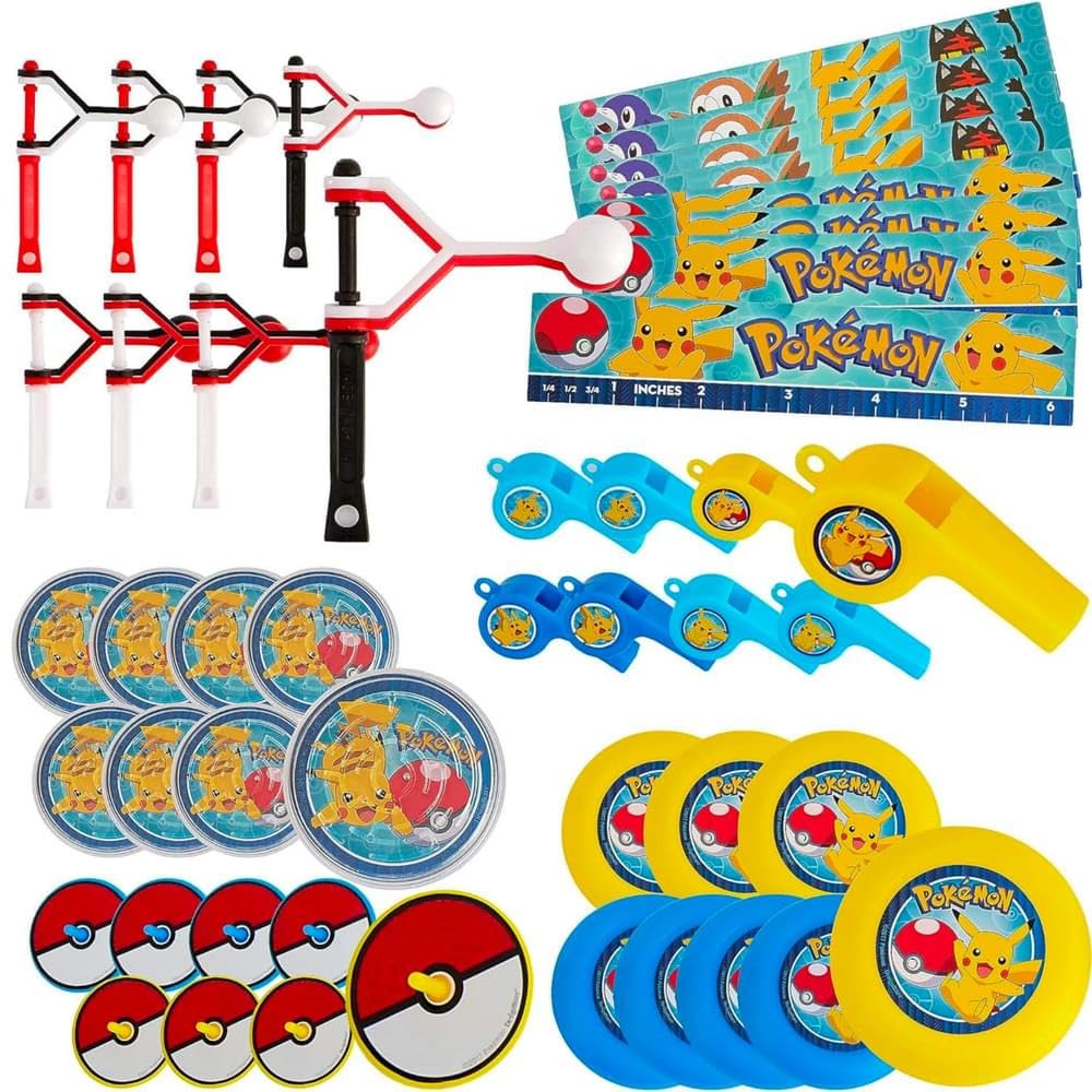 Amscan Pokemon party favors set with colorful flying discs for kids' games.