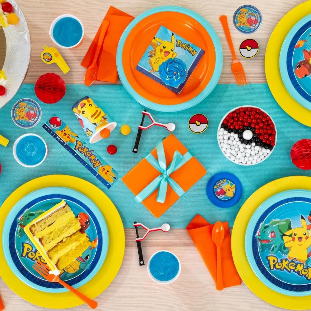 Amscan Pokemon party favors set with laser tops for quick action games.
