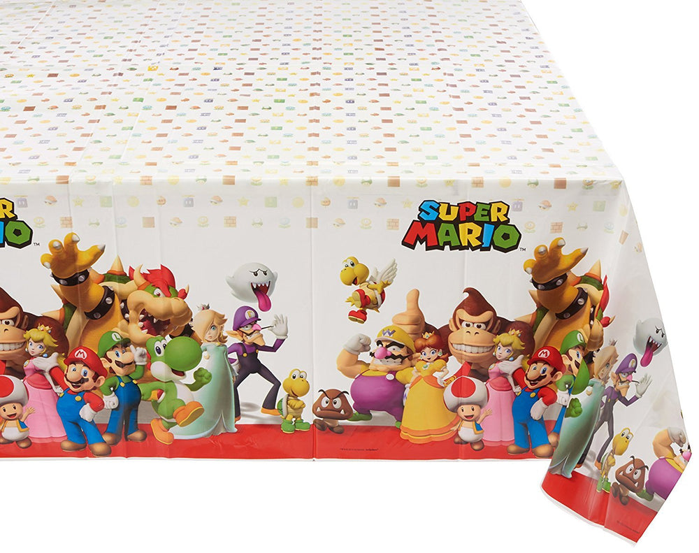 Amscan Super Mario table cover with vibrant graphics for a ready-to-party setup.