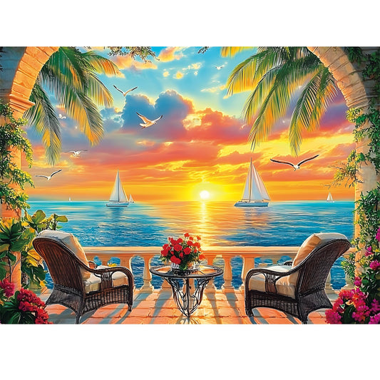 Amusding ocean sunset puzzle box shows a tranquil evening scene for relaxation