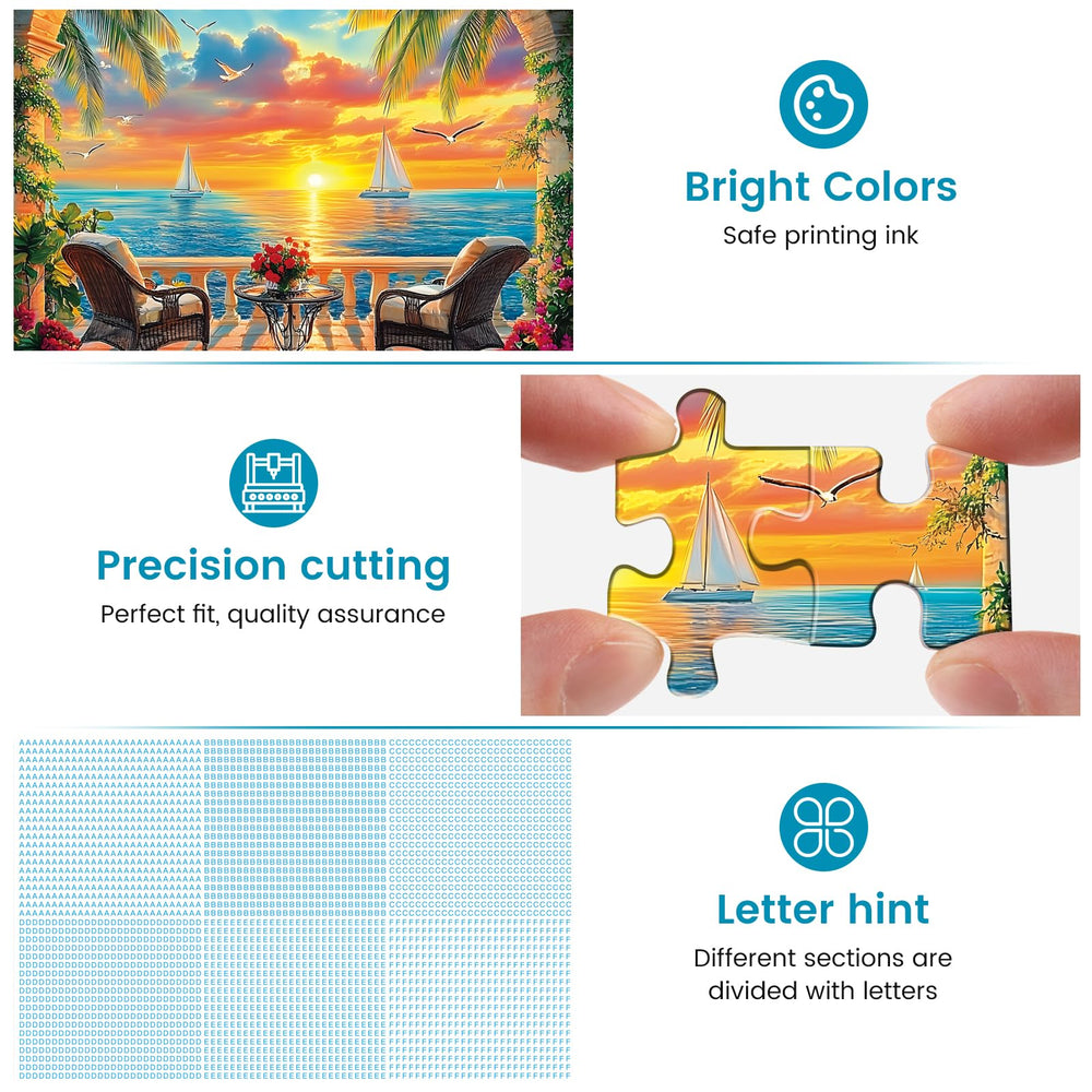 Amusding puzzle back with sorting letters A-F helps organize pieces efficiently
