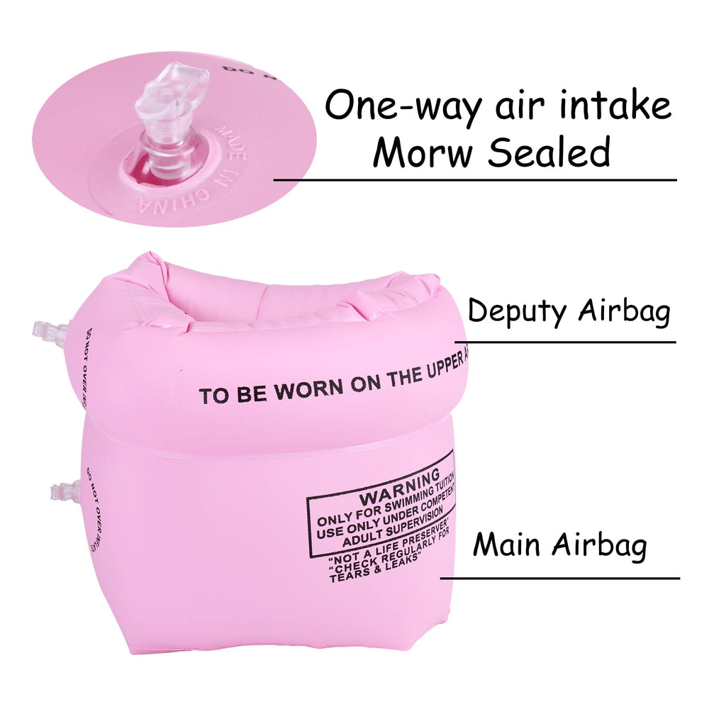 AMZQNART arm floaties pink-blue pack with pump-ready design for quick inflation.