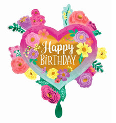 Anagram Happy Birthday Painted Flowers foil balloon, 27-inch eye-catching centerpiece for celebrations.