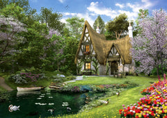Anatolian Spring Lake Cottage puzzle artwork landscape inviting immersive tabletop pastime.