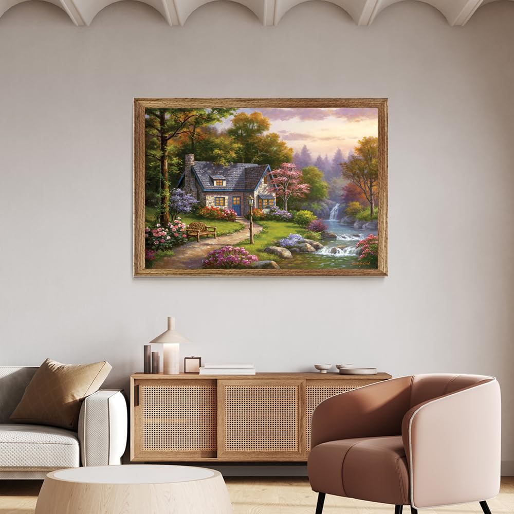 Finished Anatolian Stonybrook Falls Cottage 2000-piece puzzle laid out for display