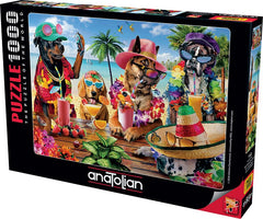 Anatolian tropical beach scene with dogs, vivid colors for engaging puzzling.