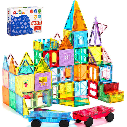 Anbalulu magnetic tiles 100pcs with 2 cars enabling creative building and hands-on play.