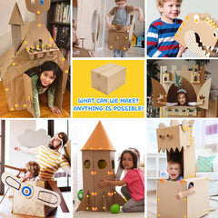 Environmentally minded play promotes reuse of cardboard and creative problem solving.