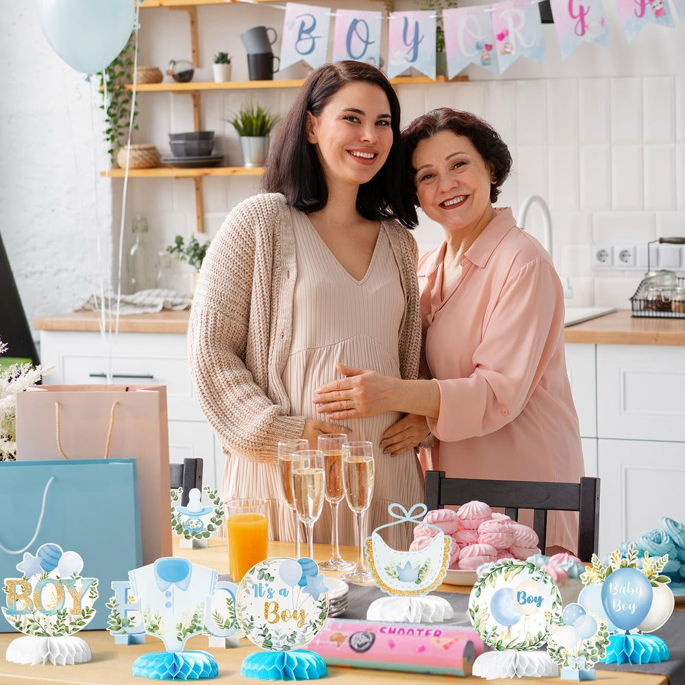 ANGOLIO gender reveal centerpiece enhances table decor elegantly.