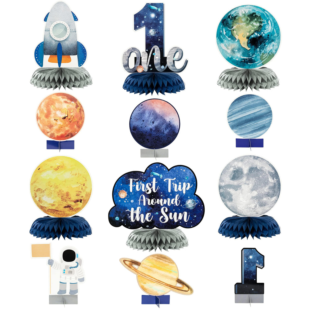 ANGOLIO planets honeycomb centerpiece adds vibrant space-themed charm to your party.