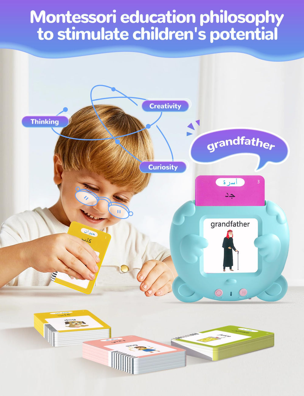 ANhovno flash cards language-switch feature, supports seamless English-Arabic practice at home.