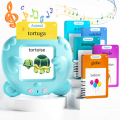 ANhovno box of Spanish-English talking flash cards for bilingual toddlers.