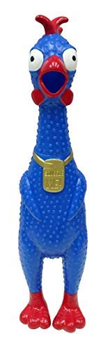 Animolds rubber chicken toy in dog play adds goofy entertainment during fetch.