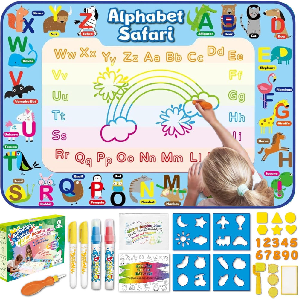 Animolds Water Doodle Mat in safari theme, large play area for creativity and mess-free drawing.