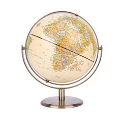 Annova world globe with bronze arc rotates for easy viewing and desk display.